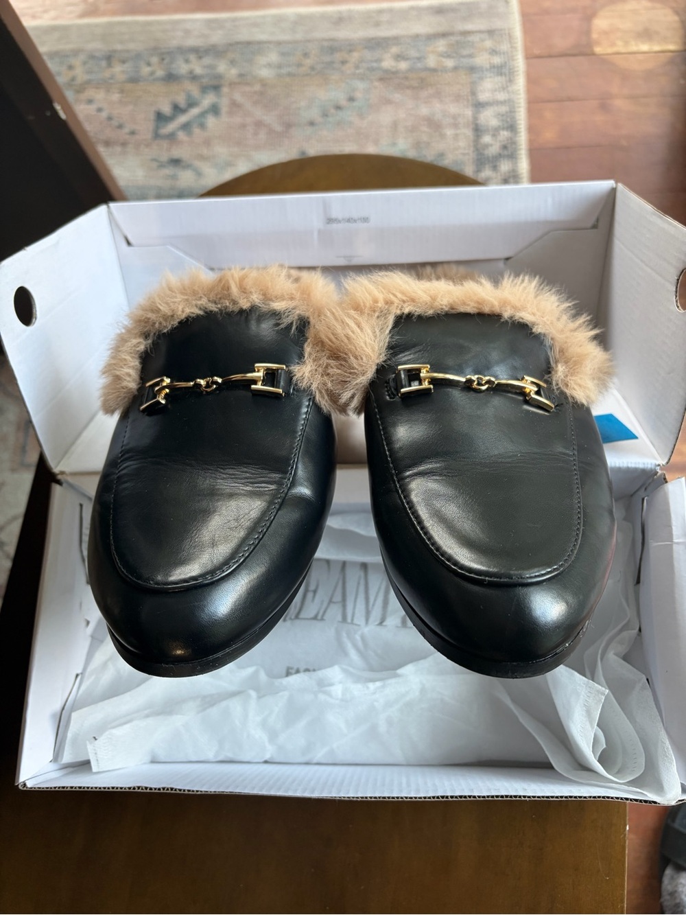 Dream Pairs Tan Faux-Fur Slide Loafers with Gold Accents